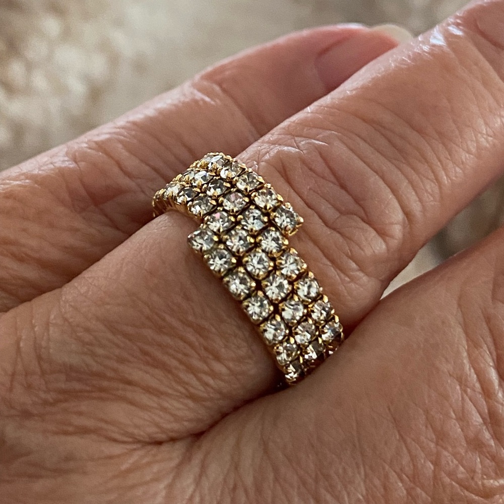 Three Rows Rhinestone Crystal Tennis Stretch Band Ring - Picture 10 of 12